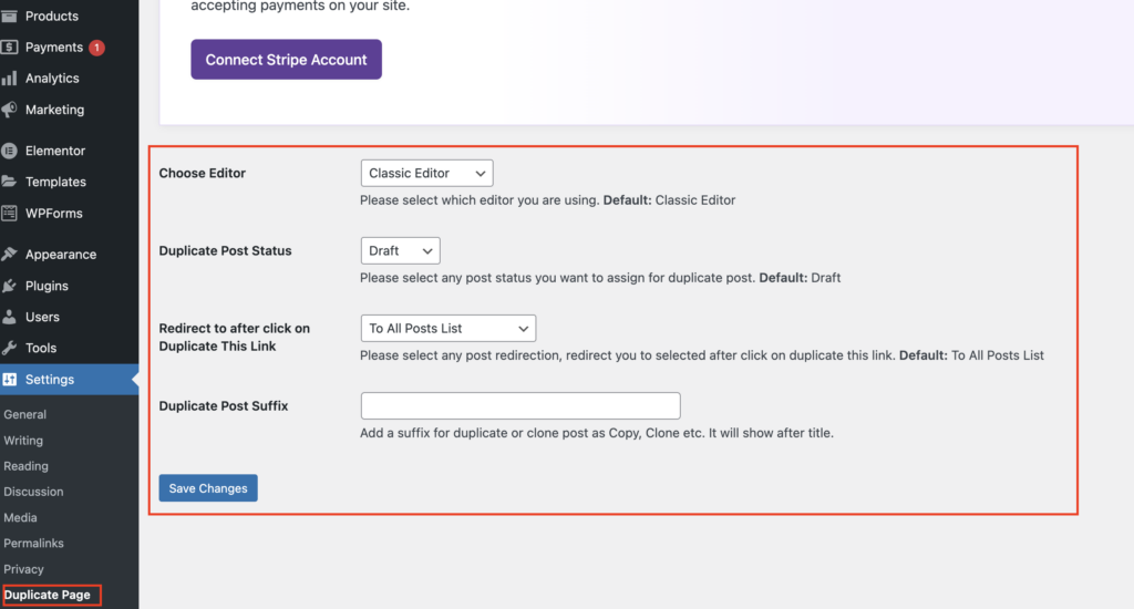 WordPress Dashboard settings